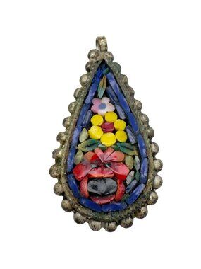 Italian Micro Mosaic Teardrop Pendant Blue Red Floral Bouquet Brass Vintage